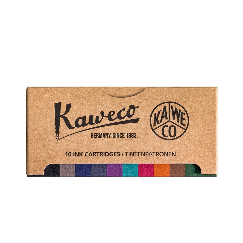 Kaweco ink cartridge box with brand logo and color swatches on a white background