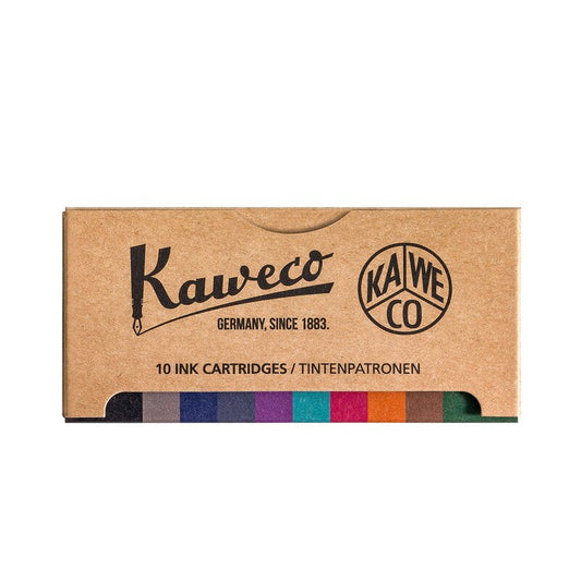 Kaweco ink cartridge box with brand logo and color swatches on a white background