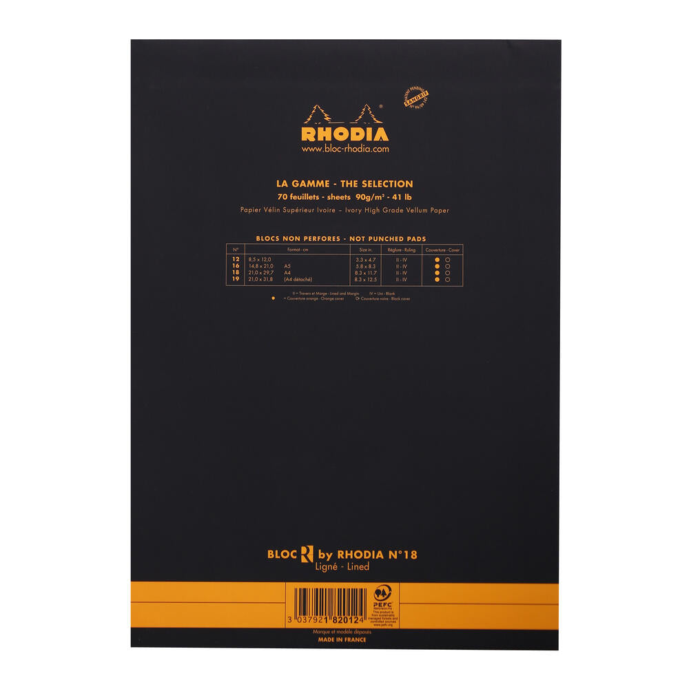 Rhodia - Premium 'R' No. 18 Top Stapled Notepad - A4 - Ruled - Black - Grierson Studio
