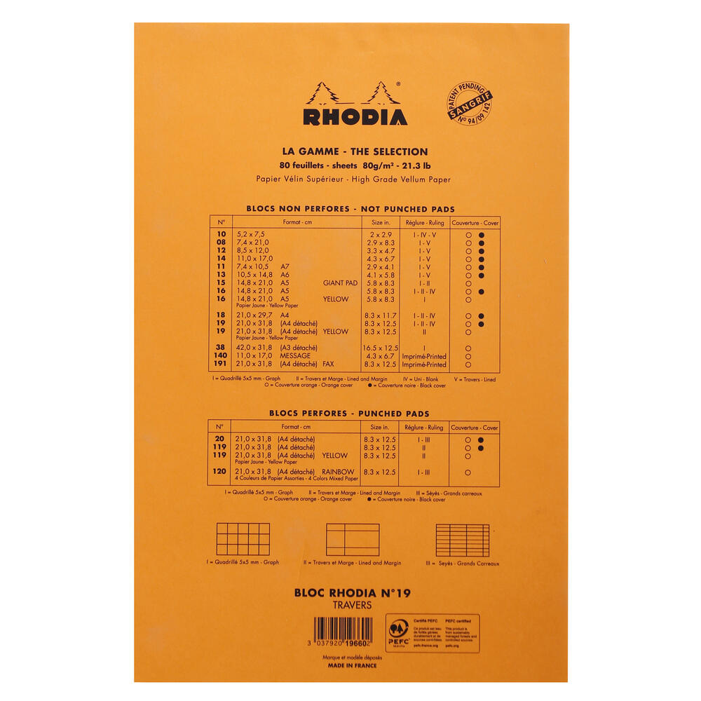 Rhodia - No. 19 Top Stapled Legal Pad - A4+ - Ruled with Margin - Orange - Grierson Studio